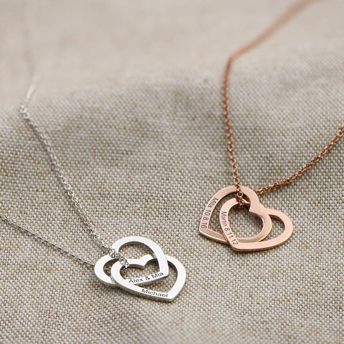 925 Sterling Silver Custom Personalized Love Locked Hearts Necklace with Names - Custom Engraved Couple Name Inscription - Two Interlocking Heart Pendant Gift for Women Wife Her