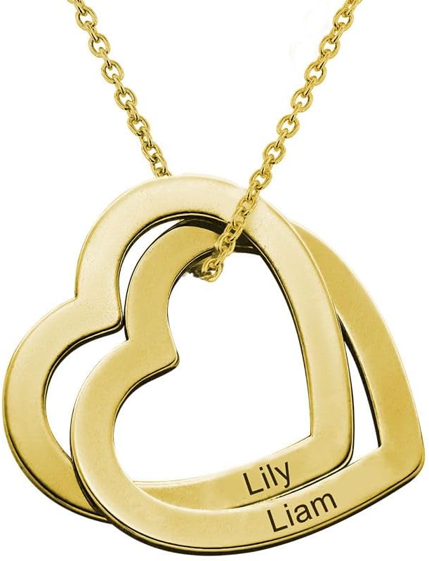 925 Sterling Silver Custom Personalized Love Locked Hearts Necklace with Names - Custom Engraved Couple Name Inscription - Two Interlocking Heart Pendant  Gift for Women Wife Her