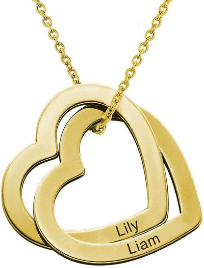 925 Sterling Silver Custom Personalized Love Locked Hearts Necklace with Names - Custom Engraved Couple Name Inscription - Two Interlocking Heart Pendant  Gift for Women Wife Her