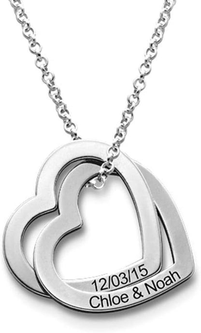 925 Sterling Silver Custom Personalized Love Locked Hearts Necklace with Names - Custom Engraved Couple Name Inscription - Two Interlocking Heart Pendant  Gift for Women Wife Her