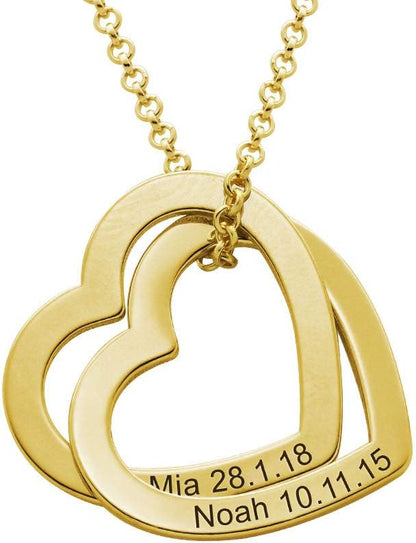 925 Sterling Silver Custom Personalized Love Locked Hearts Necklace with Names - Custom Engraved Couple Name Inscription - Two Interlocking Heart Pendant  Gift for Women Wife Her