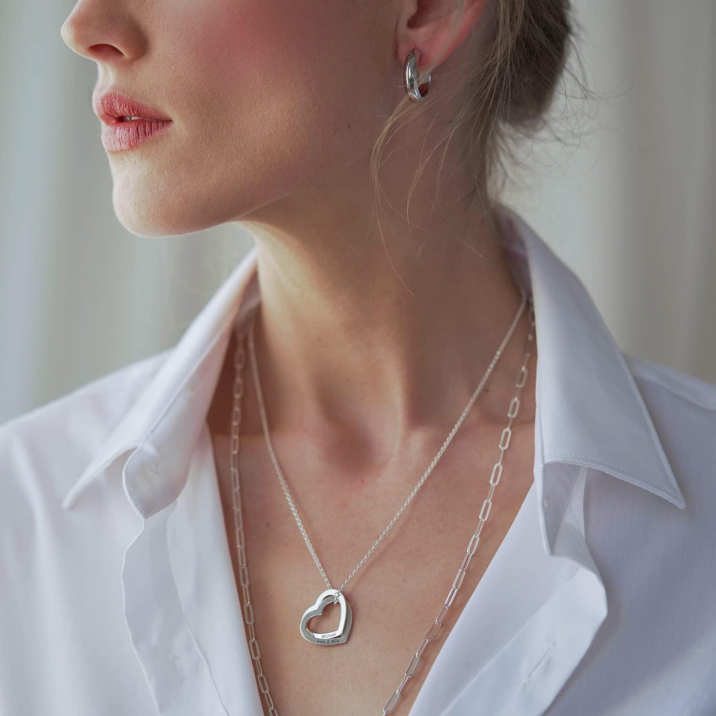 925 Sterling Silver Custom Personalized Love Locked Hearts Necklace with Names - Custom Engraved Couple Name Inscription - Two Interlocking Heart Pendant  Gift for Women Wife Her