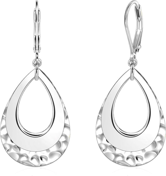 925 Sterling Silver Teardrop Dangle Earrings for Women Hammered Layer Drop Dangle Earrings #OWK008