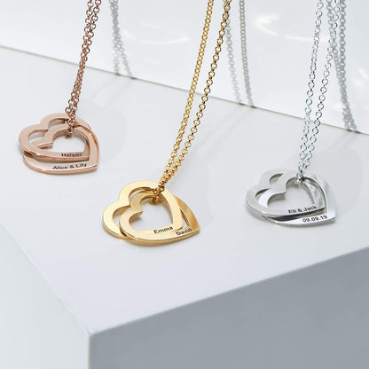 925 Sterling Silver Custom Personalized Love Locked Hearts Necklace with Names - Custom Engraved Couple Name Inscription - Two Interlocking Heart Pendant  Gift for Women Wife Her