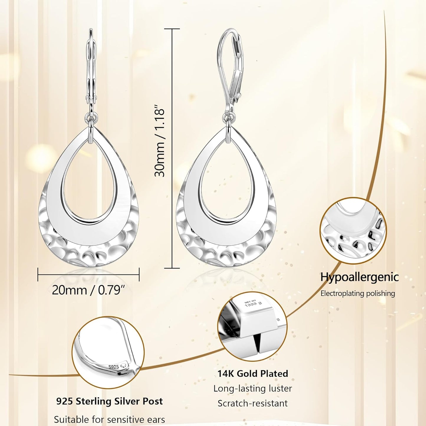 925 Sterling Silver Teardrop Dangle Earrings for Women Hammered Layer Drop Dangle Earrings #OWK008